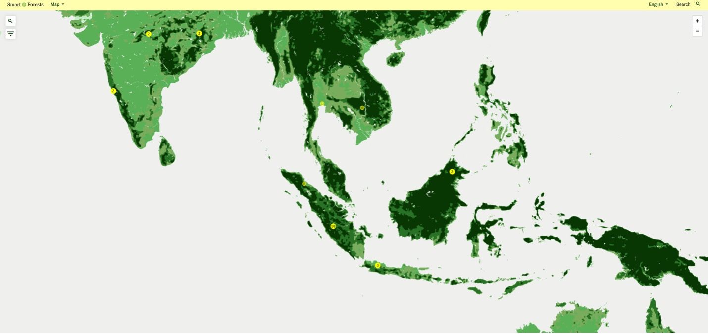 Smart Forests Atlas: Página web del mapa que muestra el material del estudio de caso de Indonesia. Smart Forests junto a Common Knowledge, 2024.