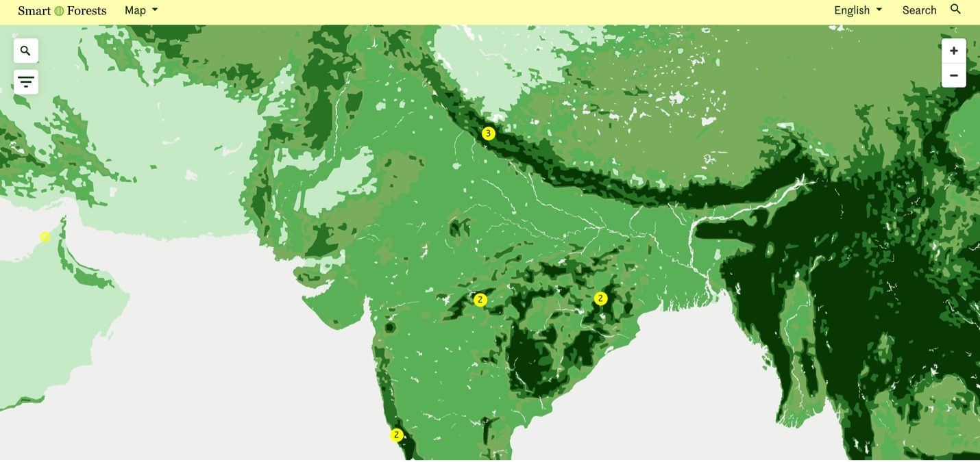 Smart Forests Atlas: Página web del mapa que muestra el material del estudios de caso de la India. Smart Forests con conocimiento común, 2024.