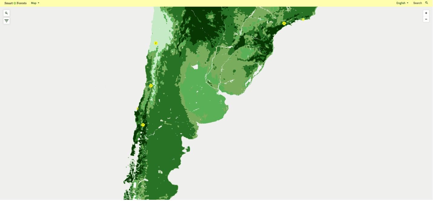 Smart Forests Atlas: Página web del mapa que muestra el área de estudio de caso de La Araucanía. Smart Forests junto a Common Knowledge, 2024.