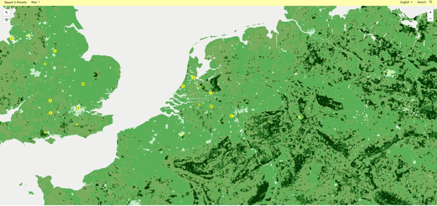 Smart Forests Atlas: Página web del mapa que muestra el material del estudio de caso de los Países Bajos. Smart Forests junto a Common Knowledge, 2024.