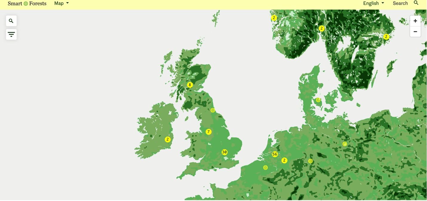 Smart Forests Atlas: mapa en página web que muestra el material de investigación en el Reino Unido y la UE. Smart Forests junto con Common Knowledge, 2024.