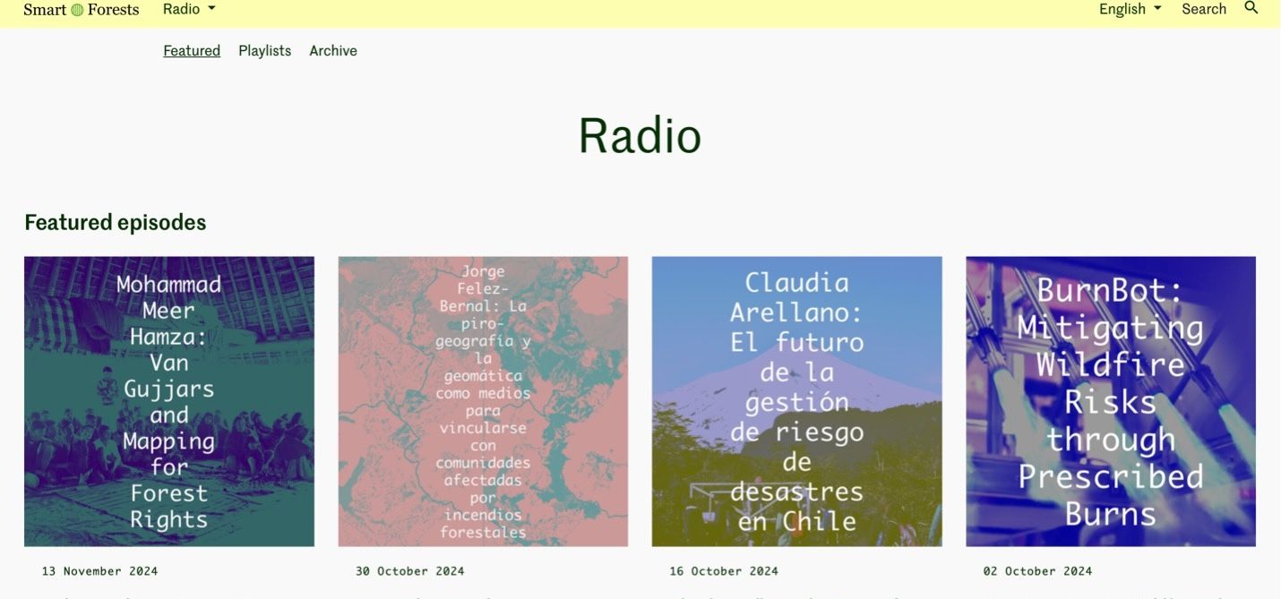 Smart Forests Atlas: Captura de pantalla de la página web de la radio. Smart Forests junto a Conocimiento Común, 2025.