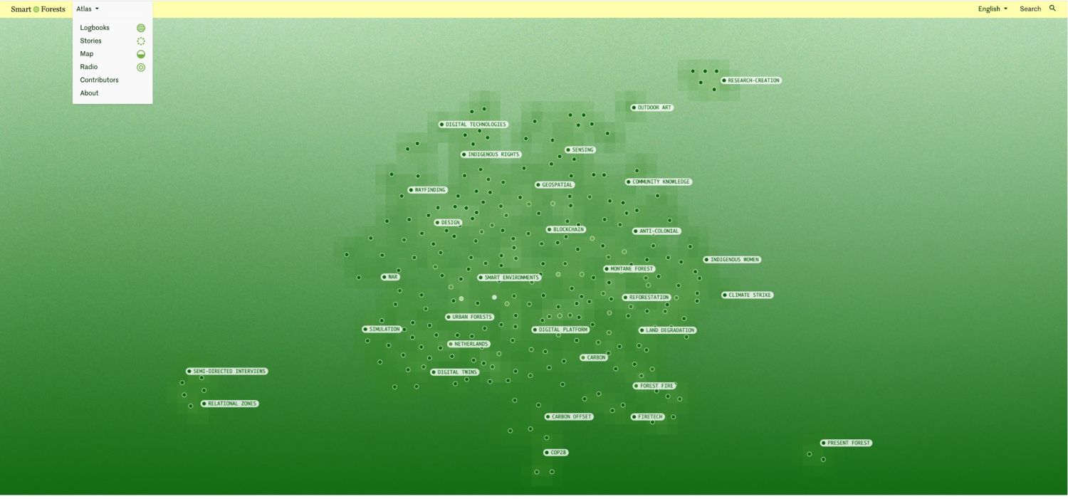 Smart Forests Atlas: Captura de pantalla de la página de inicio mostrando el menú superior. Smart Forests junto a Common Knowledge, 2025.